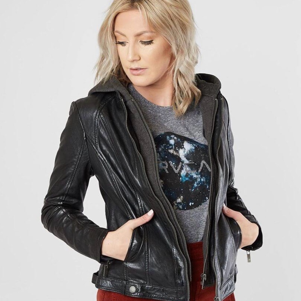Mauritius Women’s Black Leather Jacket with Hood Sz S